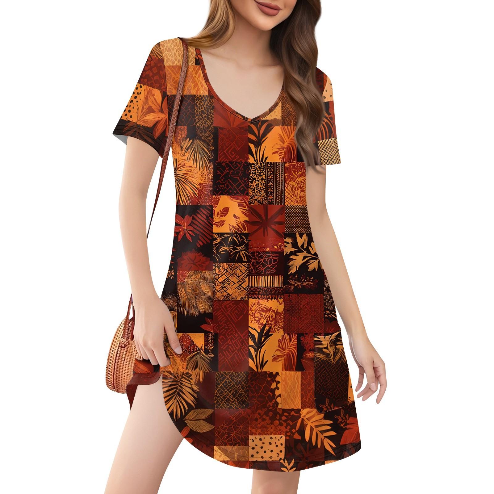 Women s Fashion Casual Printed With Pockets Bohemian Beach V-Neck Short Sleeve Dresses L коричневый