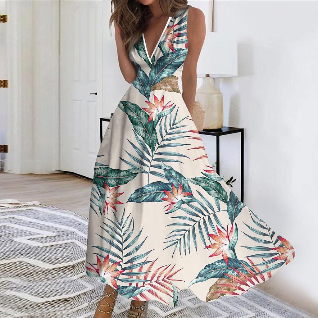 Women's Fashion Summer Floral Print V-Neck Sleeveless Tunic Casual Dresses