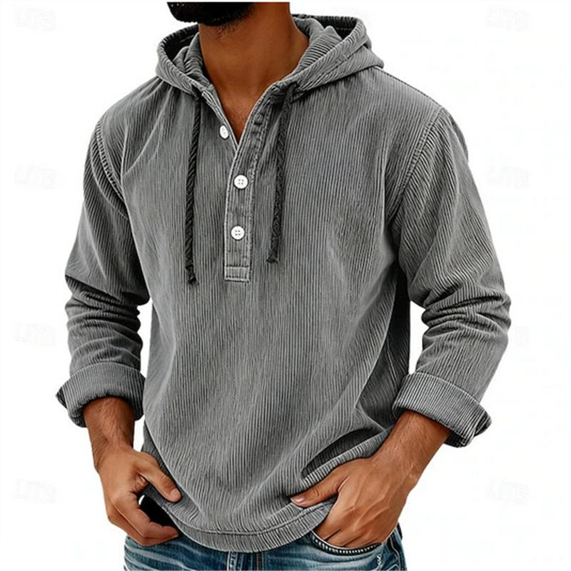 

Fashion Men s Hooded Hoodie Half Button Pull On Drawstring Loose Casual Sweatshirts Men Solid Striped Pullover 3XL сірий