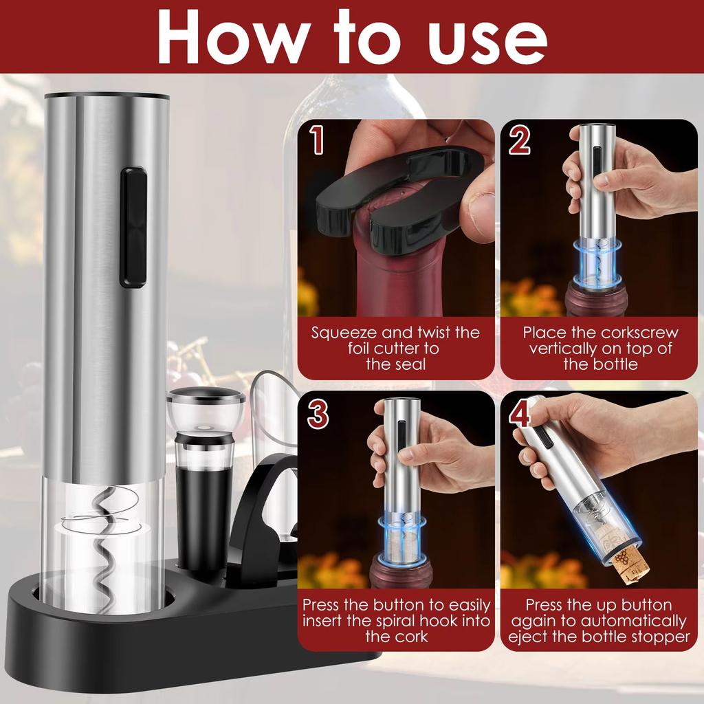 Rechargeable Electric Corkscrew Wine Opener Vacuum Stopper Foil Cutter Wine Pourer Bottle Opener Intelligent Home Bar Wine Set
