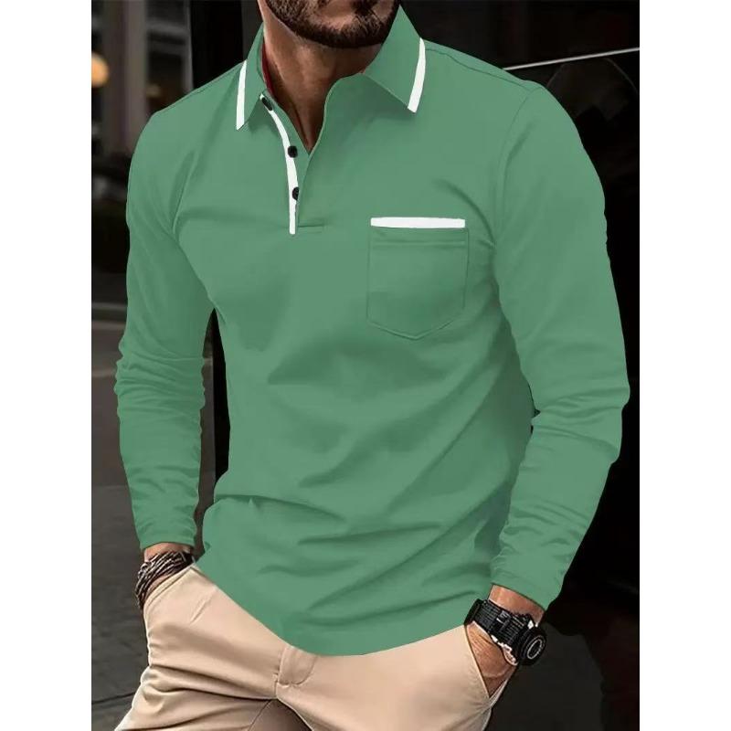 Men's Spring and Autumn Daily Casual Splicing Pocket Solid Color Lapel Long-sleeved Large Size Polo Shirt for Men