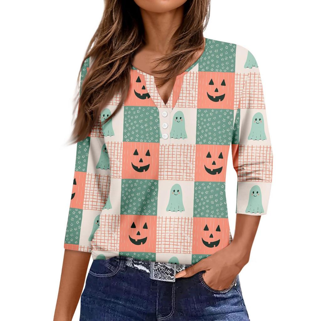 Women's Casual Fashion V-neck Loose Versatile Halloween Print Three-quarter Sleeve Top