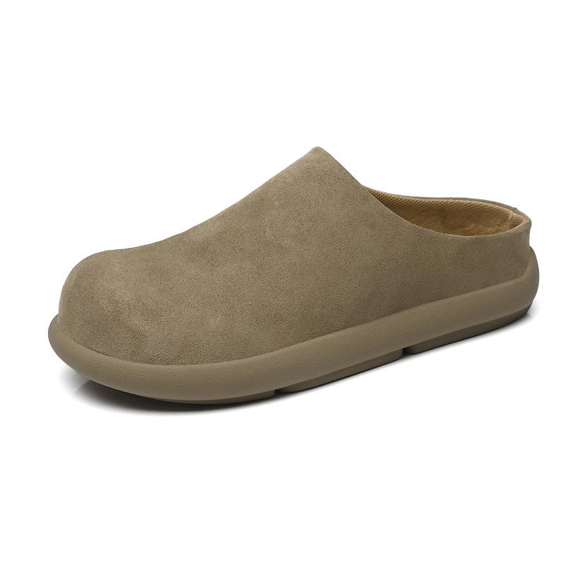 2025 New Designer Retro Soft-soled Half Slippers for Men Summer Autumn Fashion Casual Solid Color Cow Suede Leather Shoes Man