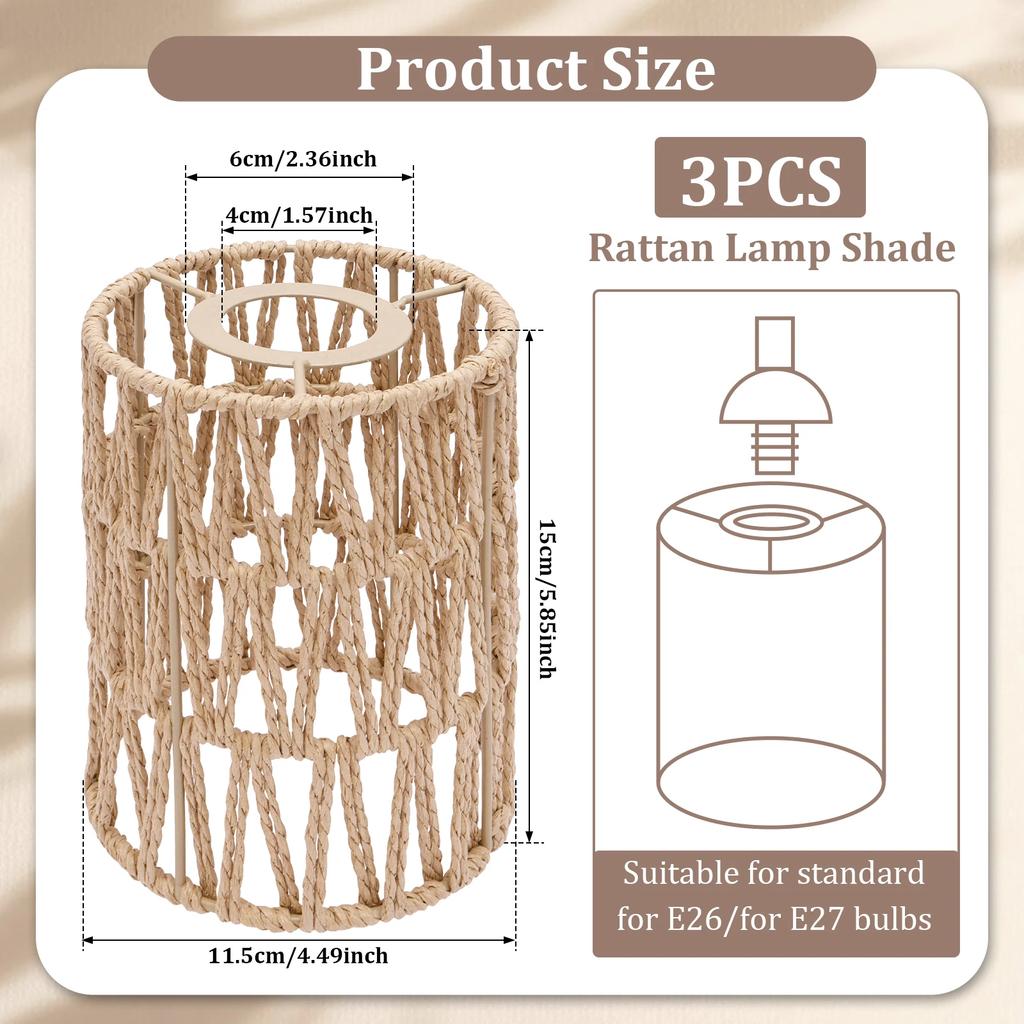 3Pcs Simulated Rattan Light Shade Fixture Vintage Hanging Lampshade Handmade Woven Lamp Shade for Living Room Hotel Restaurant