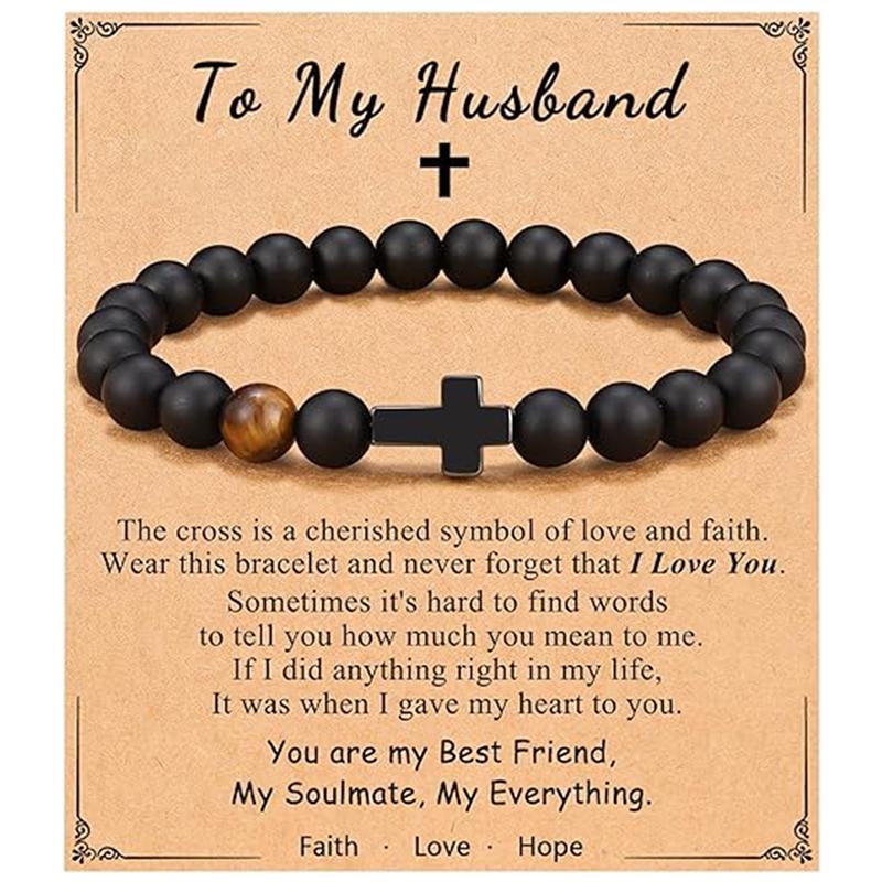 Elastic Natural Stone Beaded Cross Bracelet For Dad Godfather Husband Brother Faith Love Hope Gifts