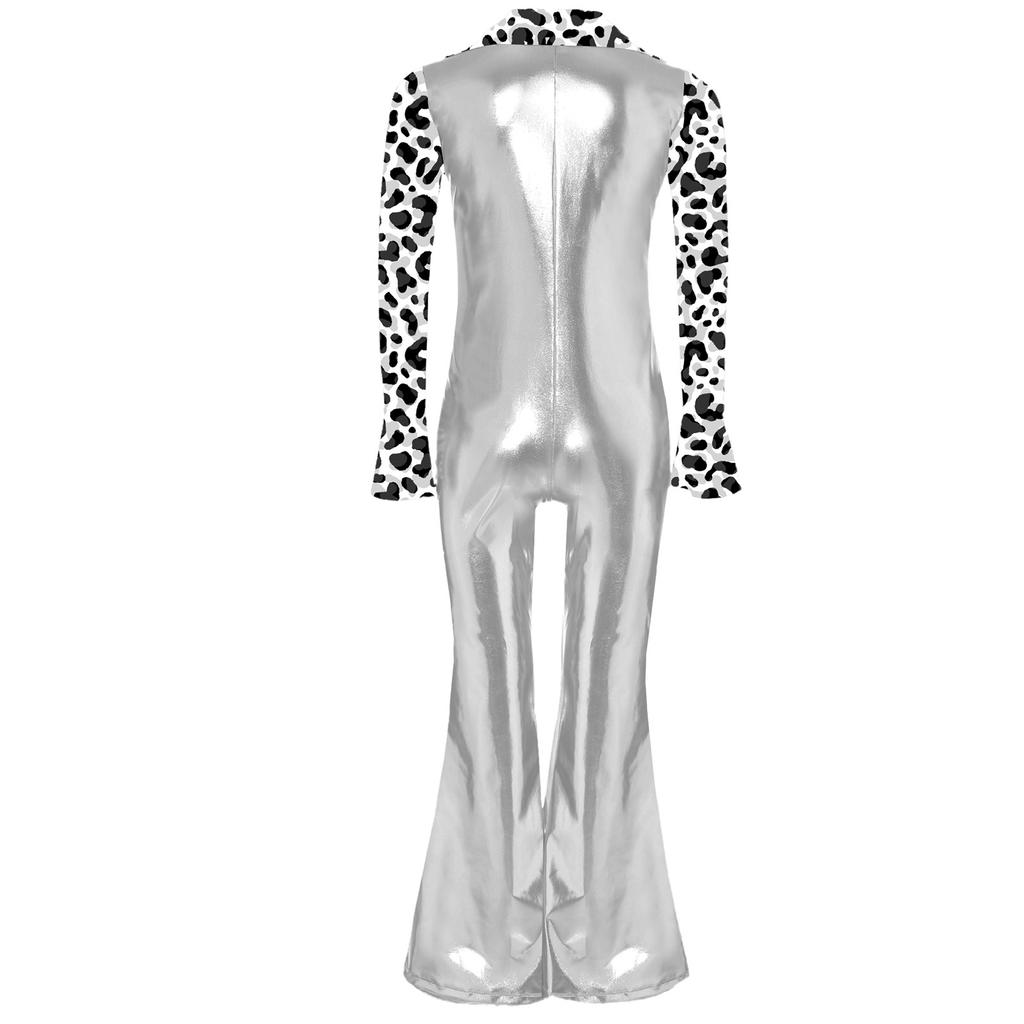 Boys Disco Costume Patchwork Printed Design Shiny Metallic Lapel Collar Long Flare Sleeve Bell Bottomed Pants Jumpsuit