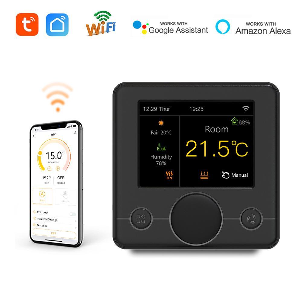 WIFI Smart Thermostat with Color Screen & Black Knob for Underfloor Heating, Electric/Water Heater, Gas Boiler, Tuya APP.