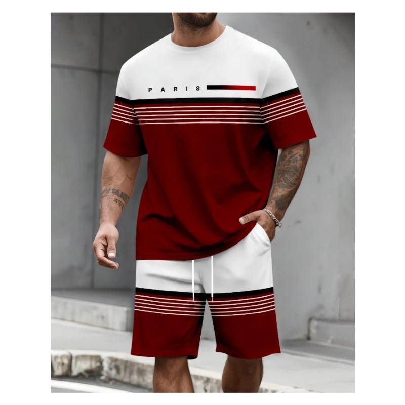 Fashion Stripe Printed T-Shirt Shorts 2-Piece Set Plus Size Outdoor Casual Men's Clothing Breathable Short Sleeve Shorts Suit