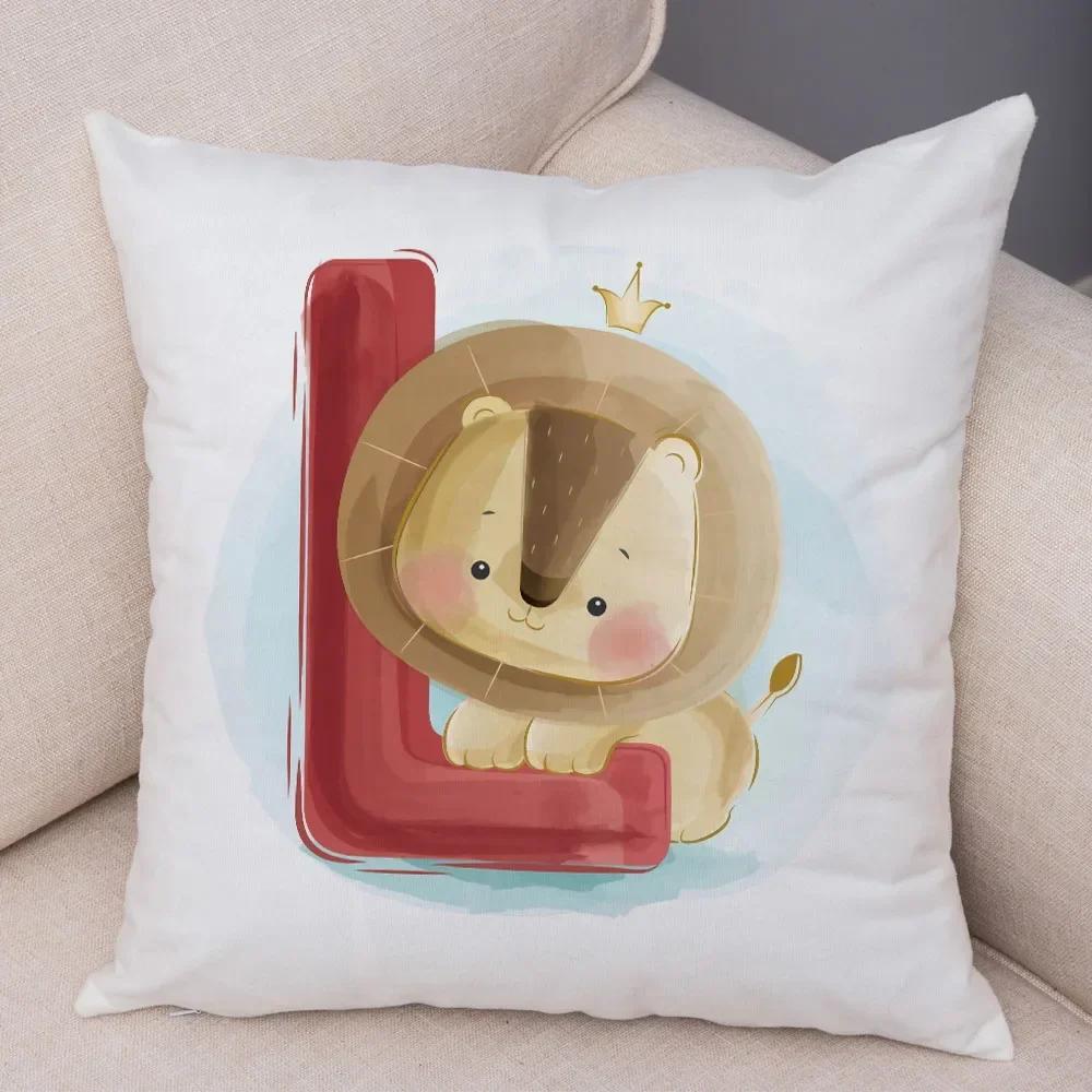 Cute Cartoon Cushion Cover Water Color English Letter Print Pillow Case Soft Animal Print Pillowcase For Children Room Decor