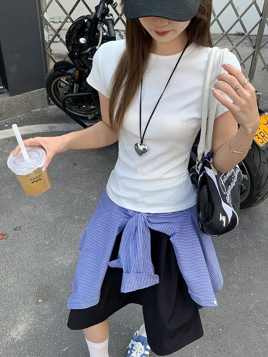 

Korean white waist short-sleeved T-shirt women s summer new round neck slim-fitting front shoulder short top S белый