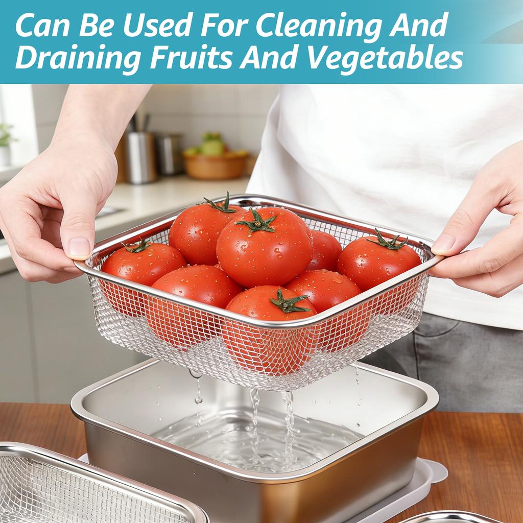 2 in 1 Bento Lunch Box Stainless Steel Food Storage Container Fruit Washing Up Bowl Strainer  Draining Airtight Crisper Box