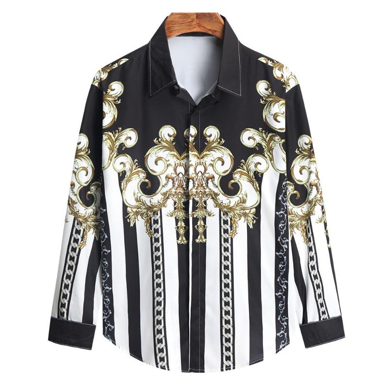 Camicia da Uomo di Lusso Retro con Motivo Sole e Stelle, Collo a Revers, Bottoni, Maniche Lunghe, Moda Serale