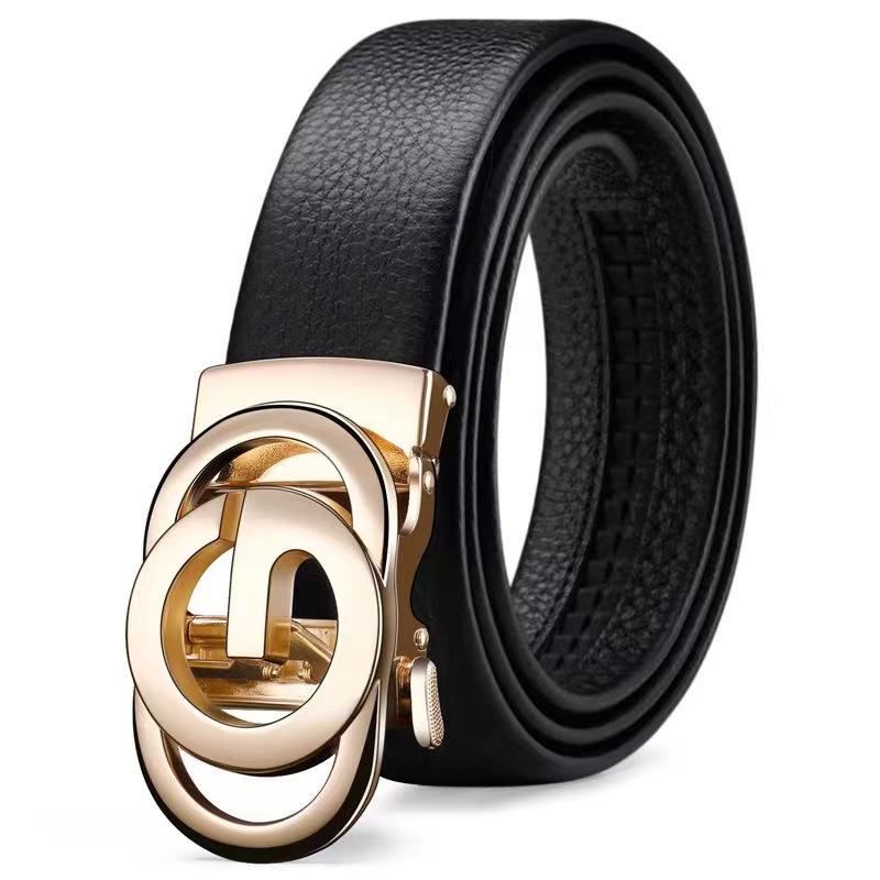 Men's Trendy Leather Belt with High-End Alloy Automatic Buckle - Pure Cowhide Waistband for Casual Pants