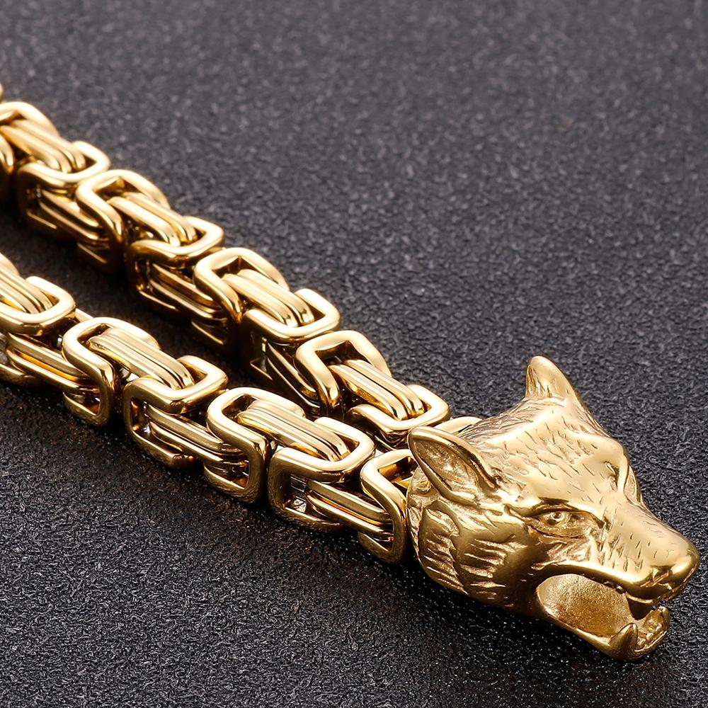 Gothic Herrenarmband mit Wolfskopf Schwarzgoldfarben 316L Edelstahl Doppelgliederkette Schmuck 8,66 Zoll Männliches Accessoire