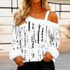 Women's Off-the-shoulder Plush Neck Printed Long-sleeved Pullover T-shirt Top