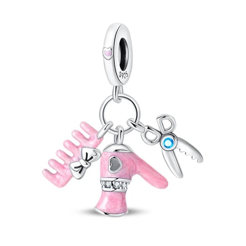 Original Copper Sewing Machine Scissors Charms Bead Inlaid Pink Zirconium Pendants Fit Bracelet Jewelry Lover Gift