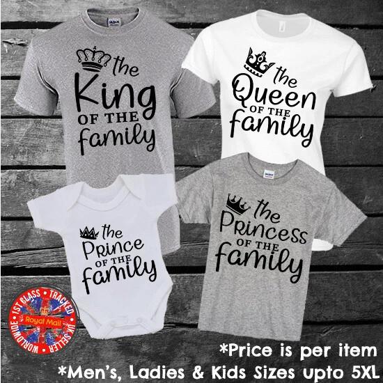 King Queen Prince Princess Matching Family T-shirt Set Gift Mens Ladies Kids 3XL