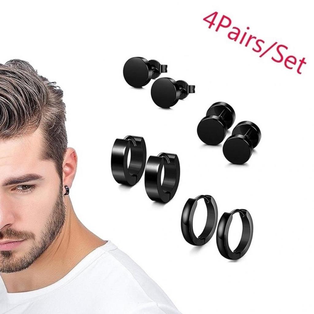 4 Pairs Men Women Stainless Steel Round Dumbbell Ear Stud Huggie Earrings Set