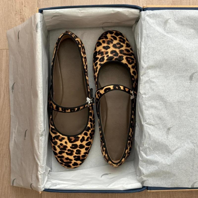 Sheepskin version~ Super soft-soled leather leopard print Mary Jane shoes women's single shoes ballet flat shoes one-word buckle belt ladyshoes