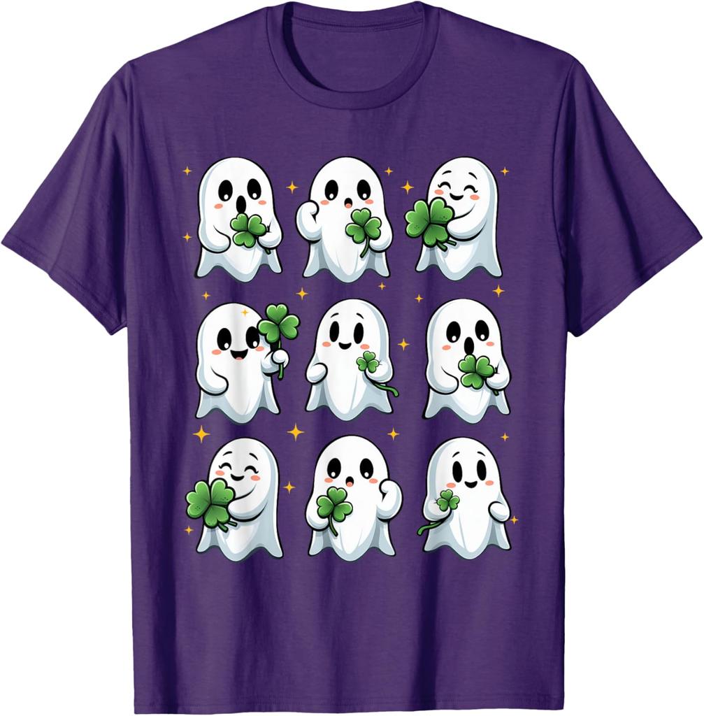 T-shirt Graphique Mignon Fantôme Tenant un Trèfle Saint-Patrick Cadeau Irlandais Drôle T-shirt Casual à Manches Courtes