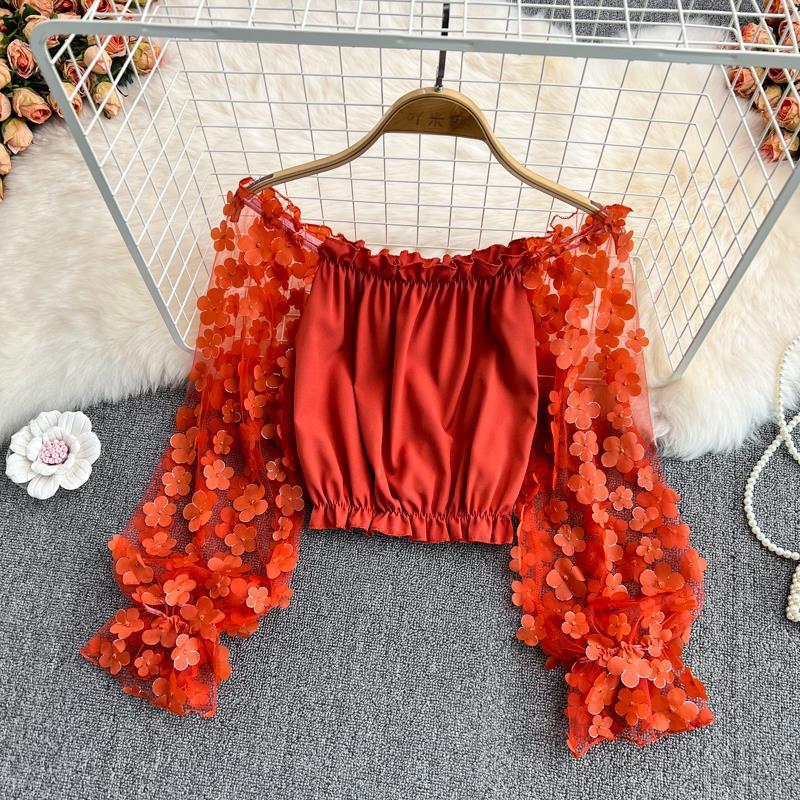Top da Donna Elegante Monospalla in Chiffon a Rete Floreale 3D - Ampio, Modellante in Vita e Off-the-Shoulder per l'Estate