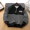 Spring/Autumn Boys' Sweatshirt, Classic Black and White Striped Patchwork Design, Stand-Up Collar Half-Zipper Breathable Tops