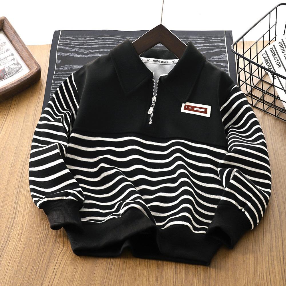 Spring/Autumn Boys' Sweatshirt, Classic Black and White Striped Patchwork Design, Stand-Up Collar Half-Zipper Breathable Tops