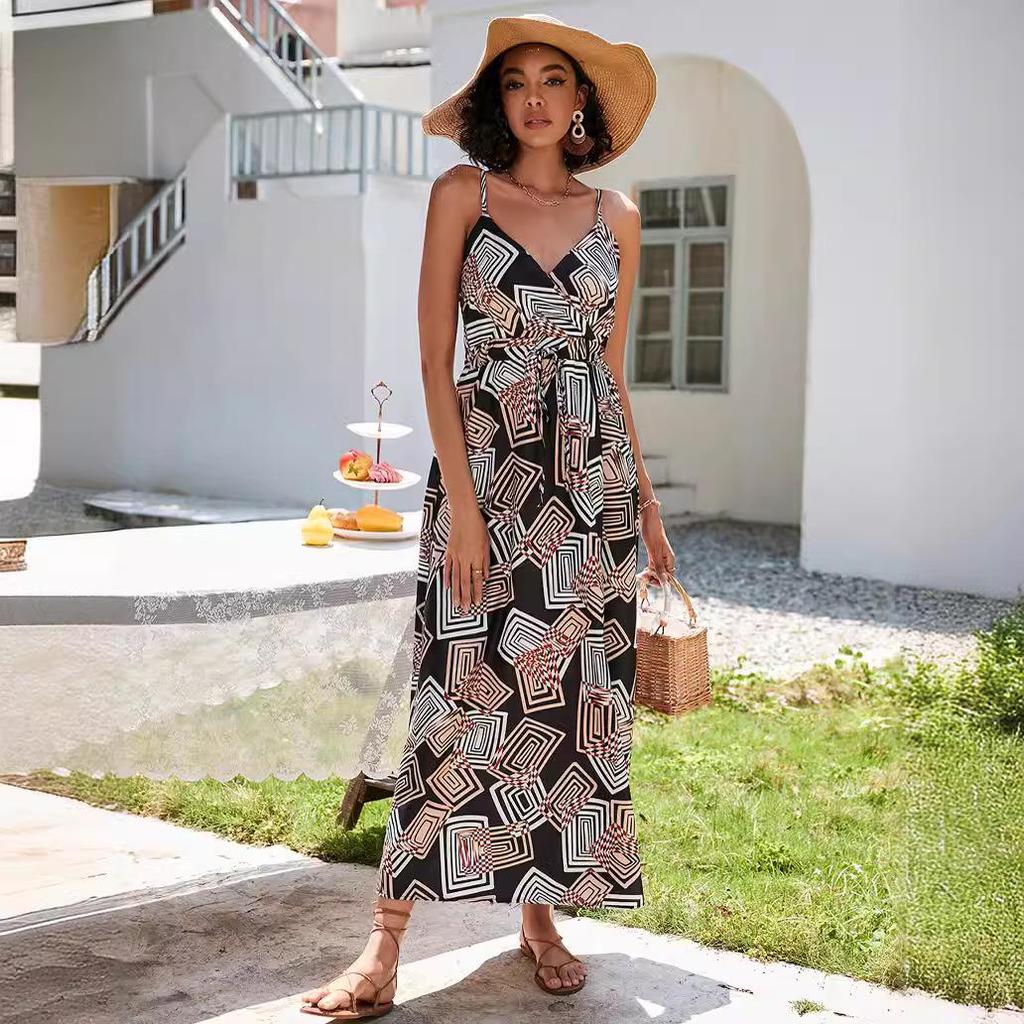 European and American Print Waist-Cinching Summer Midi Sling Dress for Women