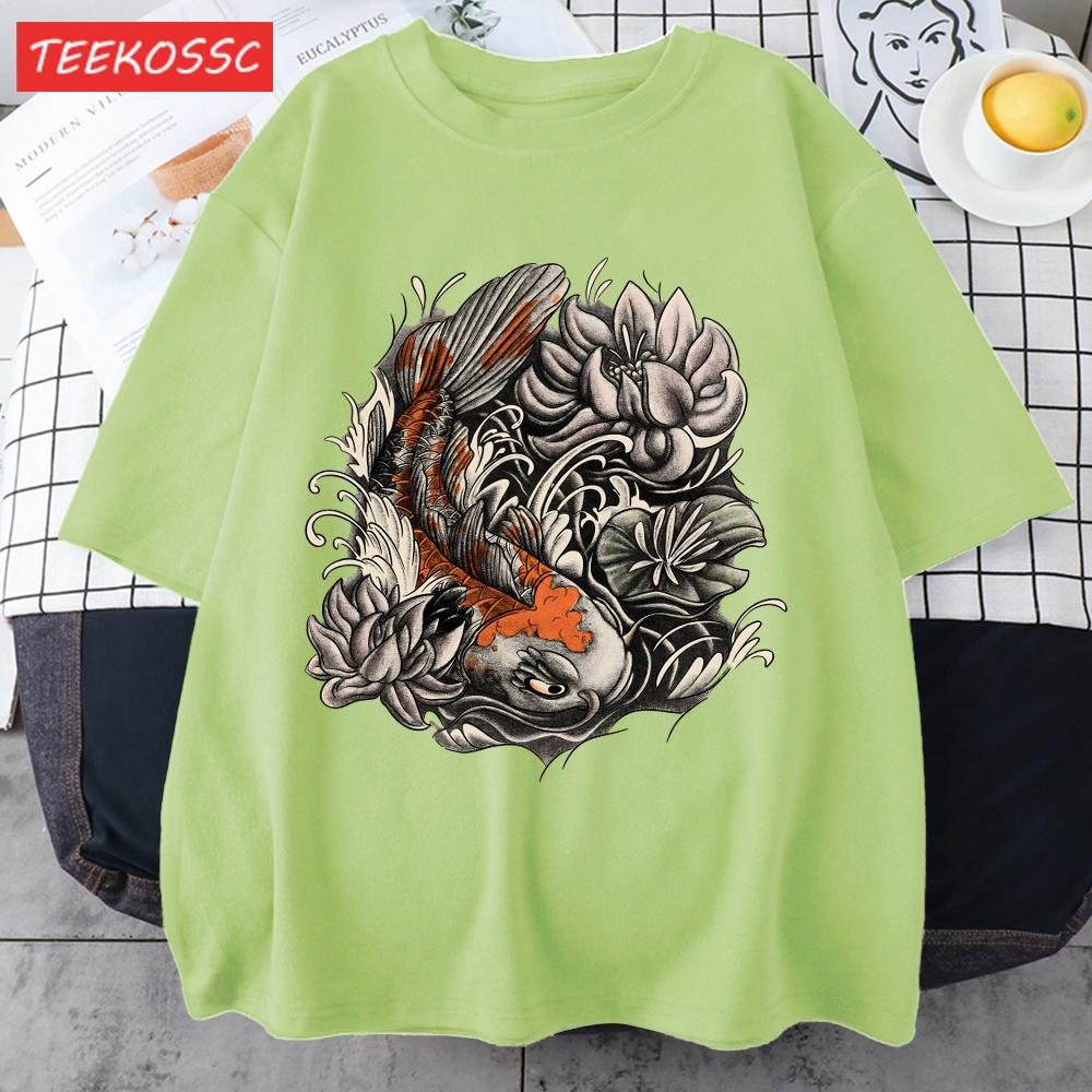 Japanese Harajuku Lotus Koi Print Men T Shirts AllMatch Cotton TShirt Casual Crewneck Loose Streetwear Man Summer Basics Top