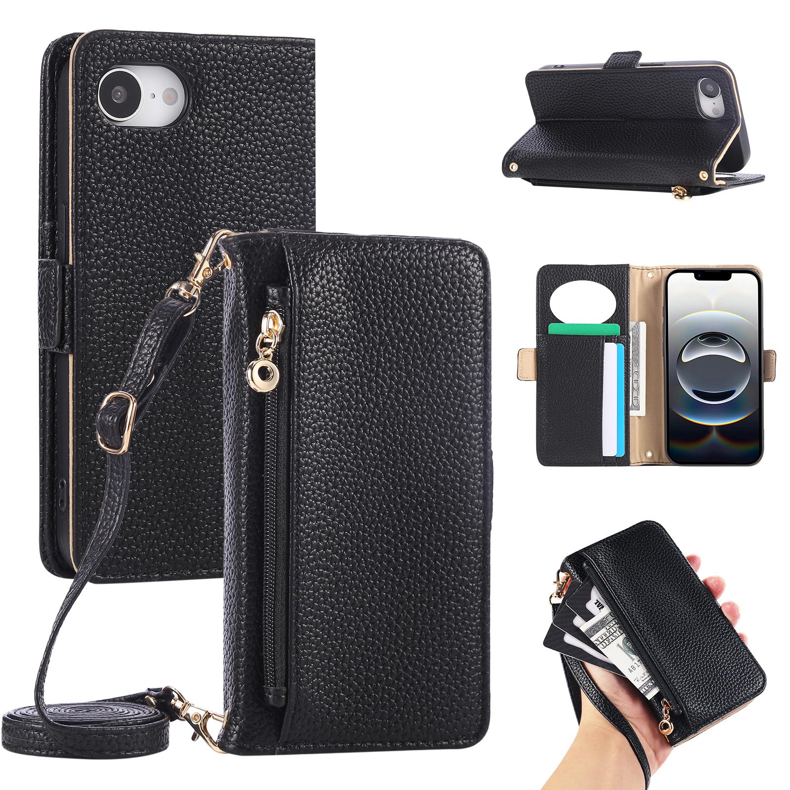 

For iPhone 16e Wallet Phone Case Shockproof TPU+PU Leather Flip Cover with Mirror,Strap Black