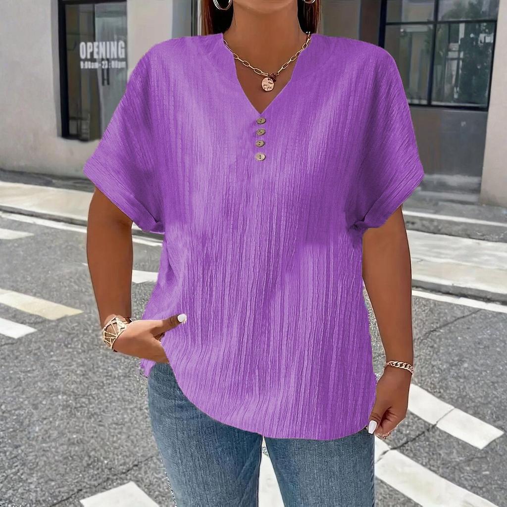Women's Fashionable Casual Solid Color Button V-Neck T-Shirt Top