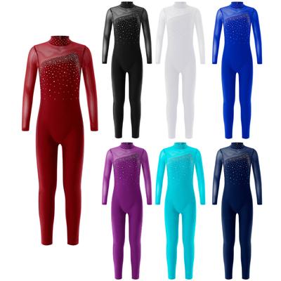 Kinder Mädchen Gymnastik Trikot Workout Tanz Overall Langarm Strass Dekor Skating Body