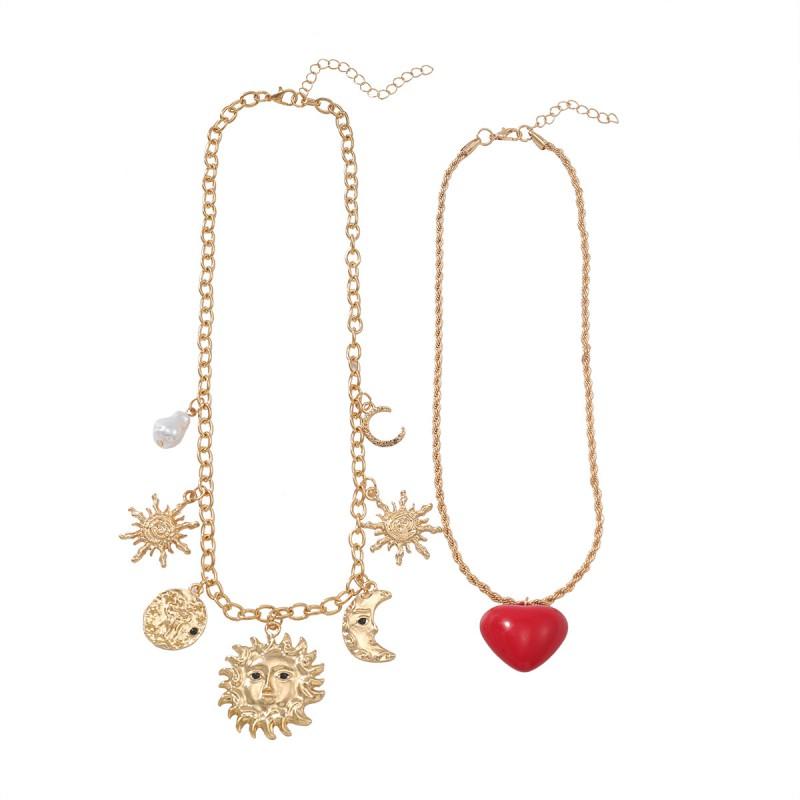 Gold Tone Alloy Pendant Necklace Set With Sun Moon Heart Charms Imitation Pearl Layered Cross Chain Women Beach Style Gold