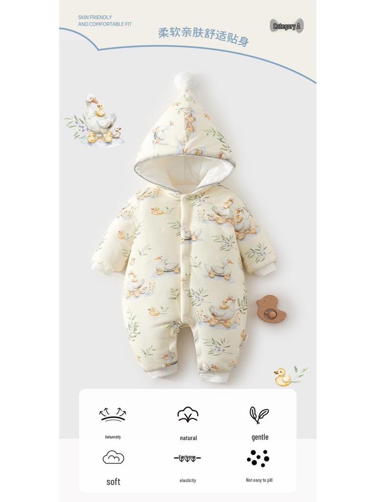 Winter Baby Romper: Thick Hooded Cotton Suit for Newborns, Ideal for Outings & Crawling
