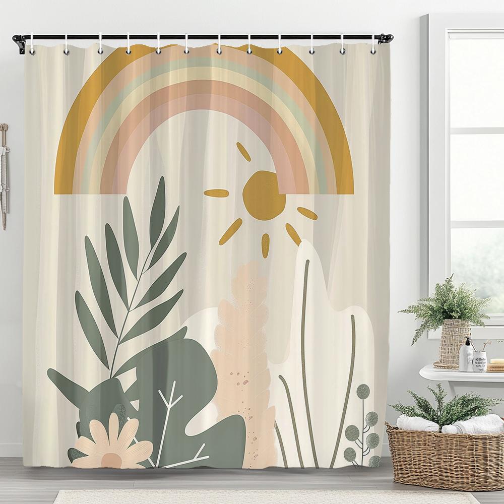 Boho Abstrakt Cartoon Regenbogen Muster Duschvorhang, Moderner Minimalistischer Badezimmer Vorhang, Heimdeko Vorhang Mit Haken