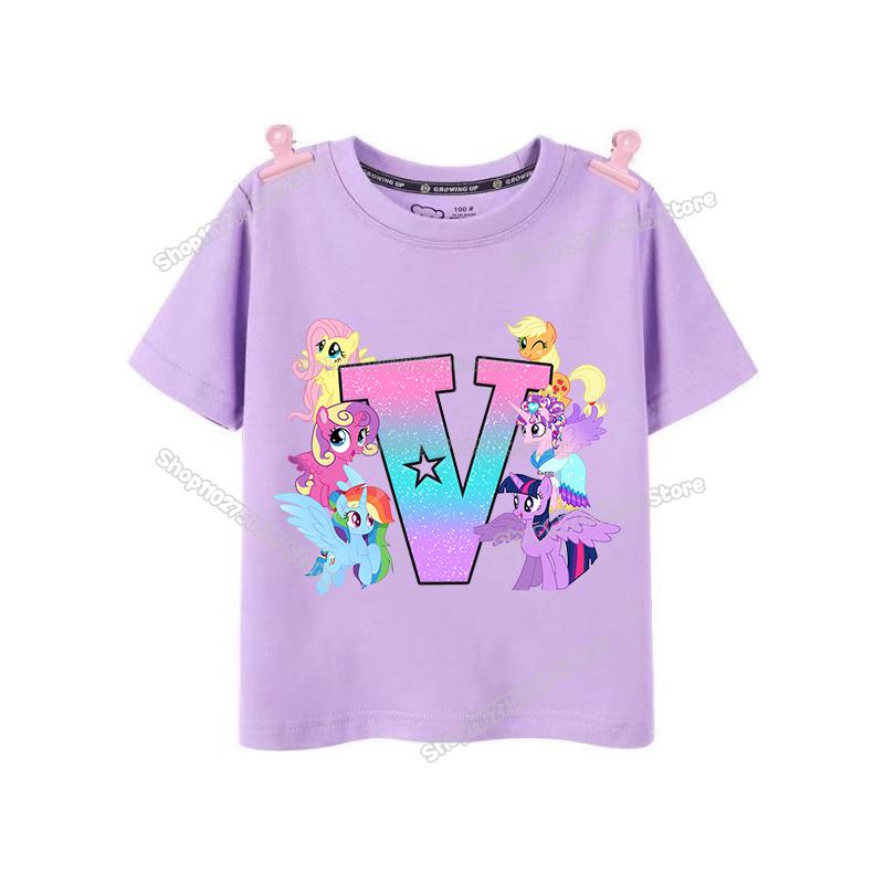 My Little Pony Girl T Shirt Twilight Sparkle Letter AZ TShirts Cartoon Kids Short Sleeve Tee Tops Casual Children Clothes