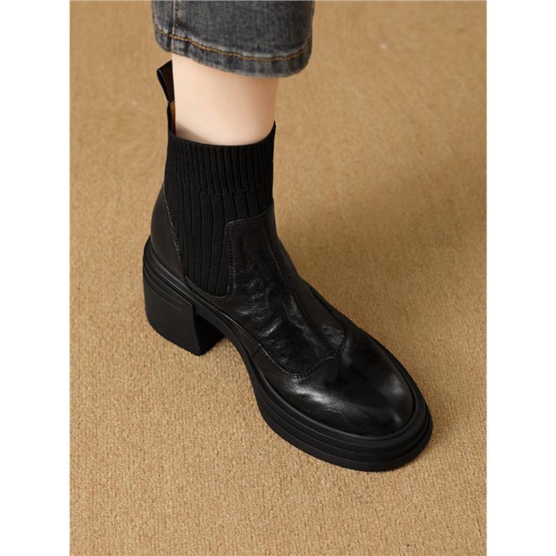 Matte leather thick heel high heel short boots women's thin boots autumn and winter new small thick bottom elastic socks boots
