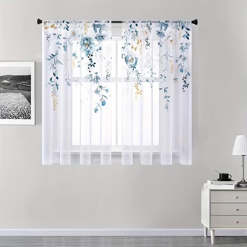 2PC Indigo & Gold Watercolor Floral Vine Sheer Curtains - Elegant Botanical Window Drapes for Kitchen & Living Room