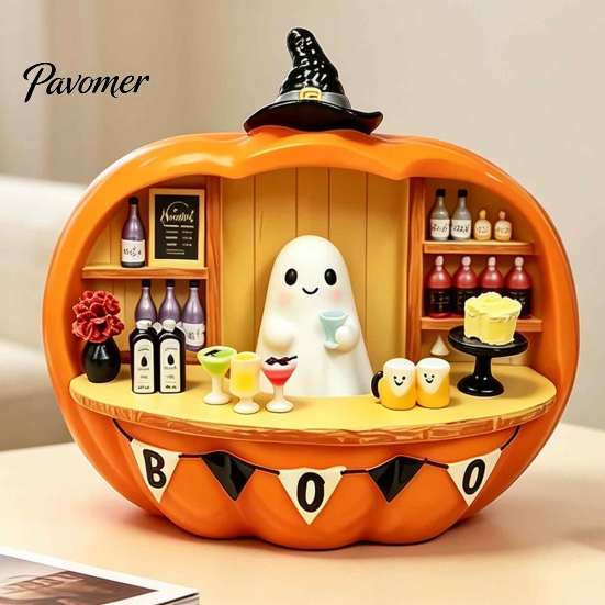 Creative Halloween Home Decorations Pumpkin Bar Counter Figurine, Cute Ghost Bartender Mini Decorative Desk Decor Scene Statue, Desktop Ornament