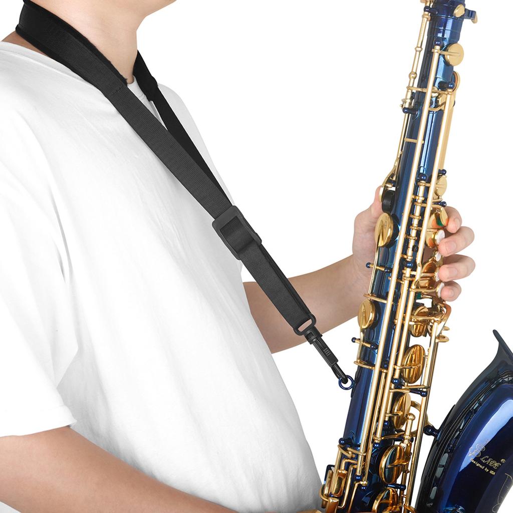 Saxofonový řemínek na krk s tlustým měkkým polstrovaným saxofonovým páskem s nastavitelnou přezkou Černý háček pro barytonový alt tenor soprán sax