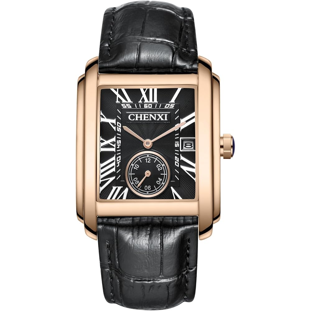 Men s Square Analog Watch with Leather Band, Waterproof, Antique Style