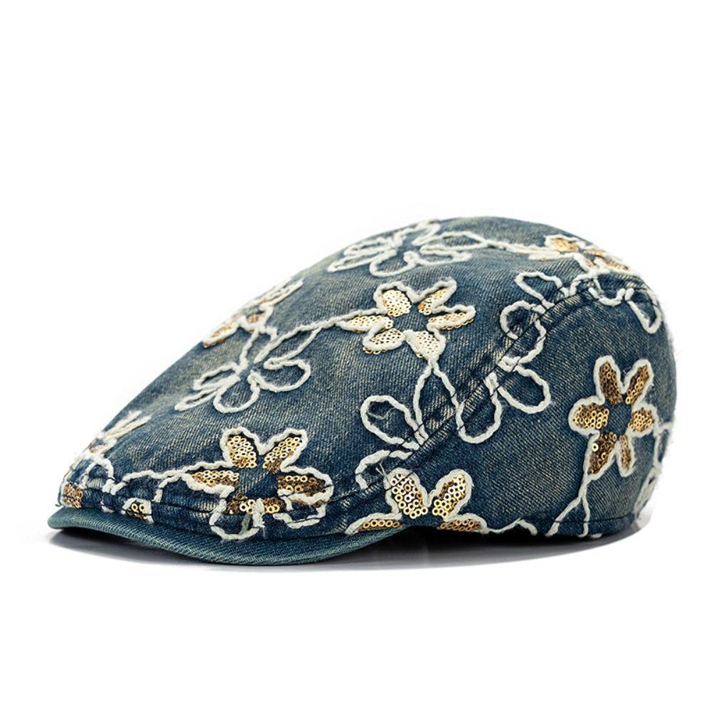 Ethnic Style Embroidery Flower Forward Hat Y2k Glitter Beret Casual Cadet Cap  Outdoor