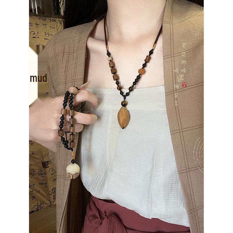Hand-Woven Pine Nut Wood Bead Necklace - Chinese Retro Style Versatile Fashion Accessory