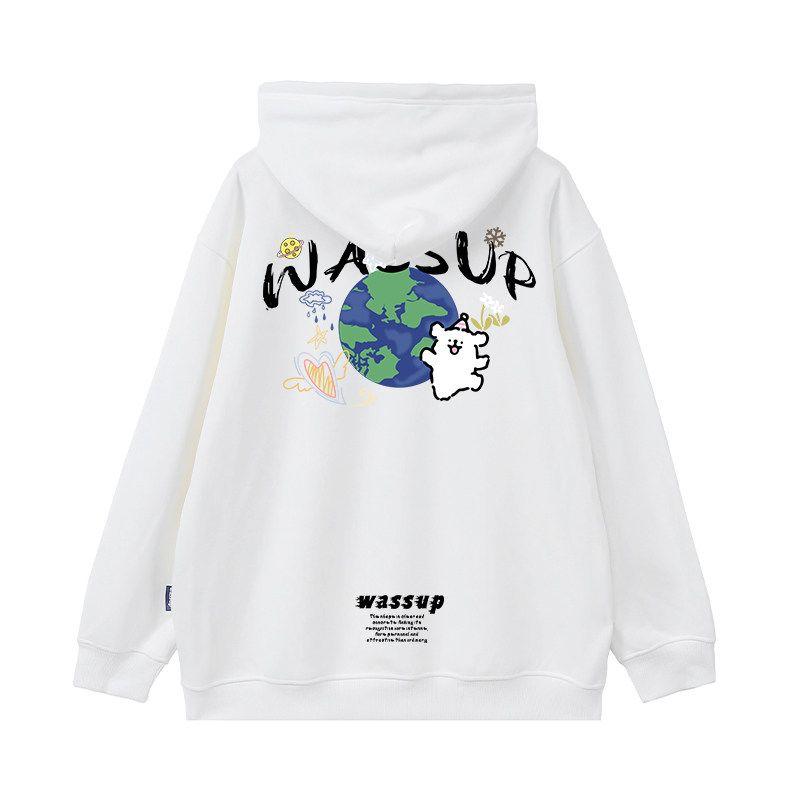 

Wassup Trendy Brand Happy Planet Couple Hooded Sweatshirt Autumn and Winter 2024 New Men s and Women s Pullover Heavyweight Top White (Heavyweight Basic) X L