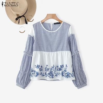 Women Stripe Print Casual Round Neck Long Sleeve Print Blouse