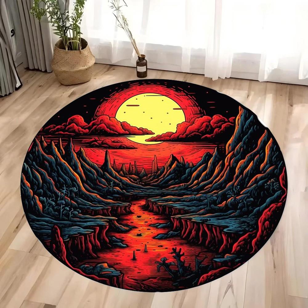 

Retro Evening Landscape Round Rug – Waves Print Anti-Slip Floor Mat for Living Room Bedroom Sofa Area Diameter 60cm