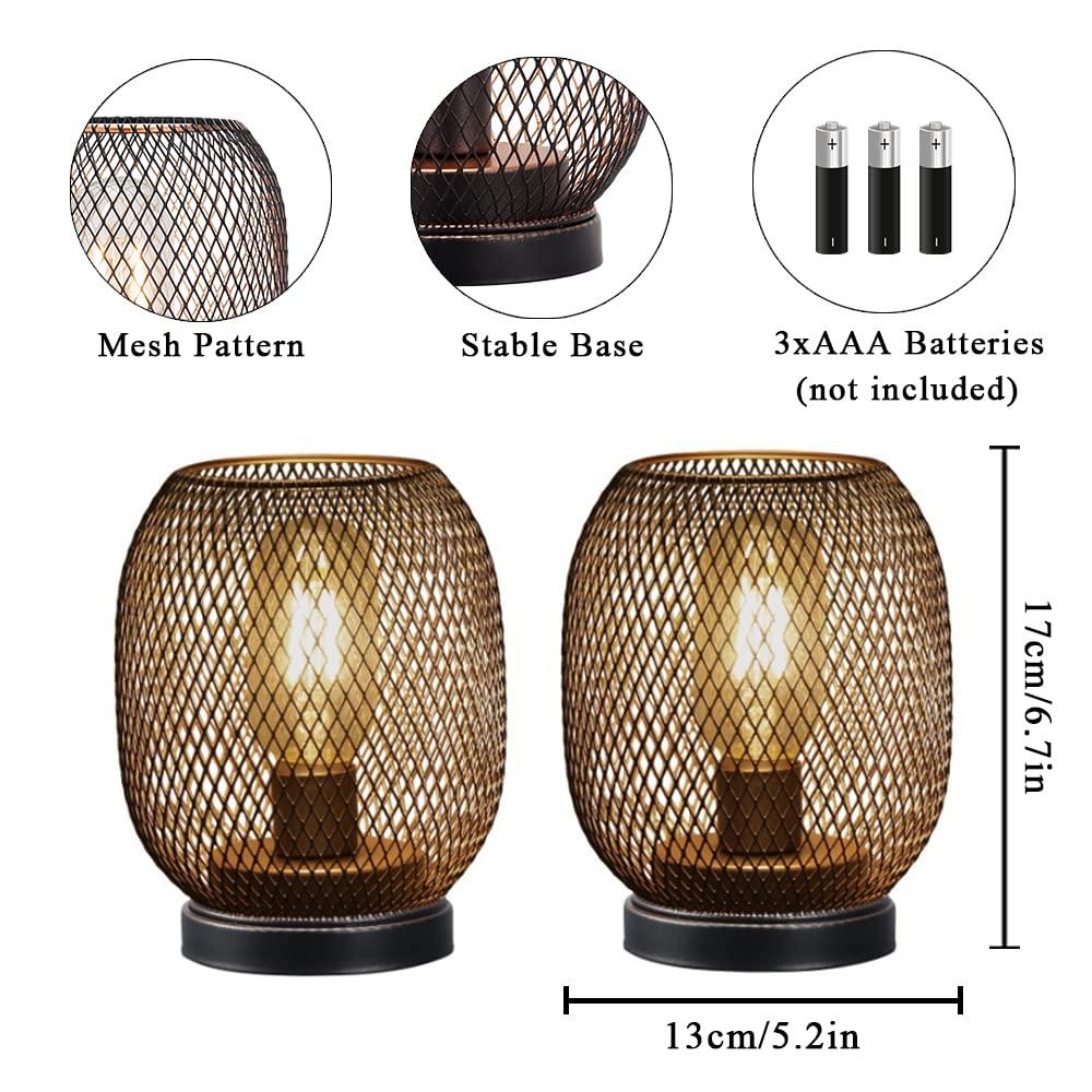 JHY DESIGN Metal Cage LED Lantern, 17cm Tall, Battery Operated, Cordless, Indirect Lighting, Antique Style, Table Lamp, LED Bulb Included, Perfect for