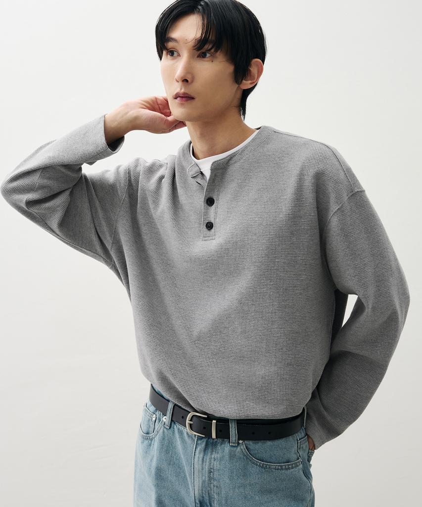 DRAW FIT Cotton Waffle Henley Neck T-Shirt [Melange]