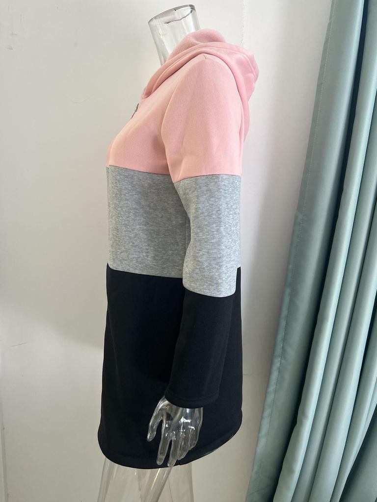 Women's Casual Color Block Hooded Jacket with Three-Color Splicing for Autumn/Winter