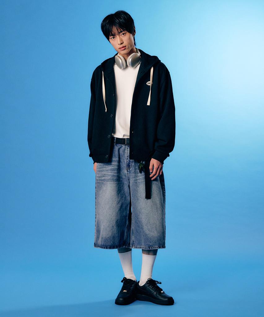 Not Only For Today Numberball Button-Down Sweat Hooded Cardigan [Black]